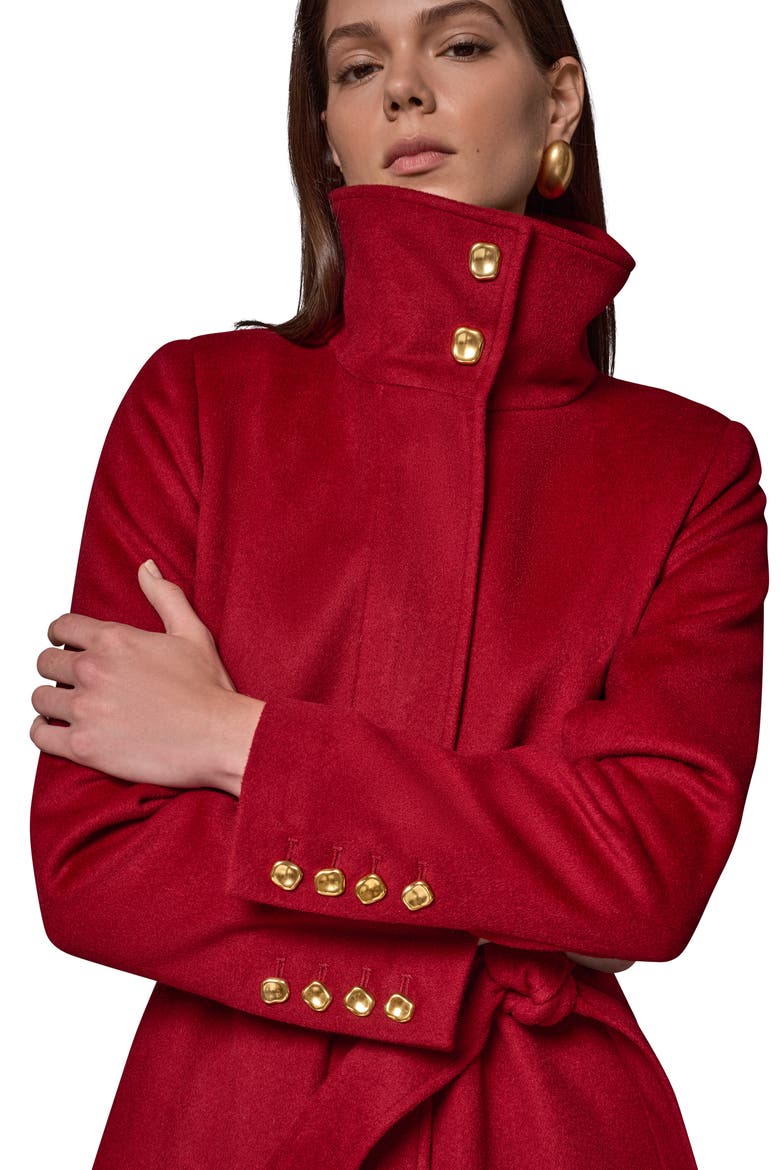 Belted Funnel Neck Wool Blend Coat, Alternate, color, METRO RED