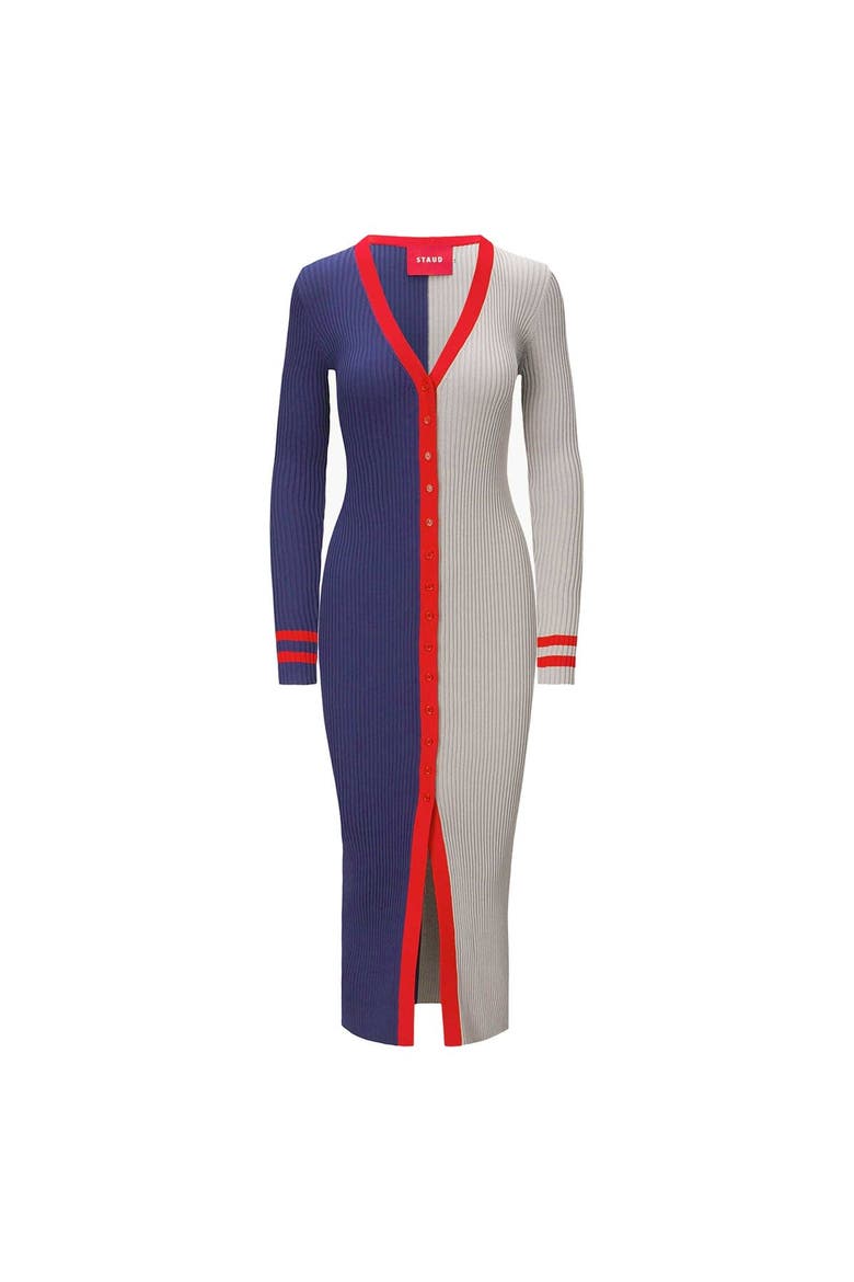 Women's STAUD Navy/Gray New England Patriots Shoko Knit Button-Up Sweater Dress, Alternate, color, Navy
