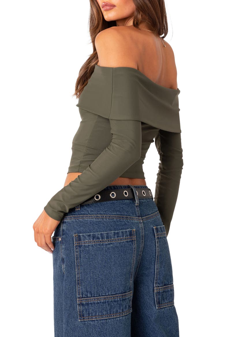 Brea Foldover Off the Shoulder Long Sleeve Crop Top, Alternate, color, OLIVE