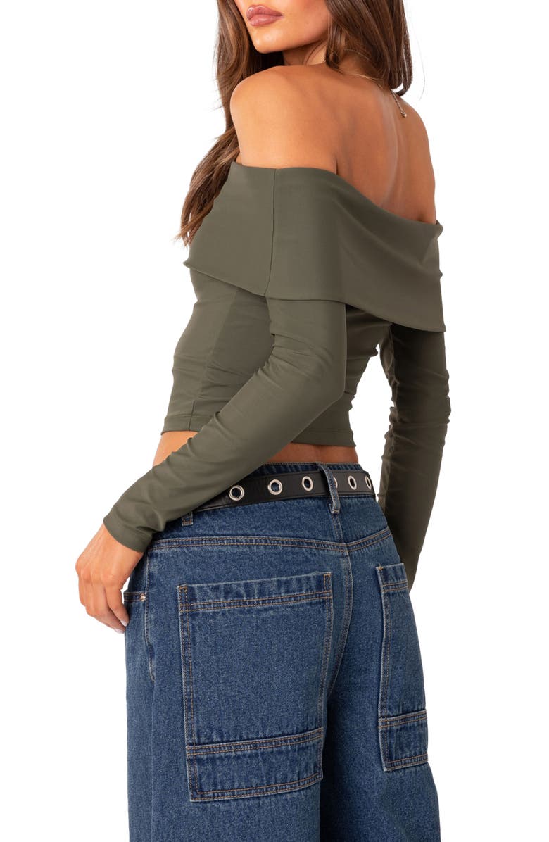 EDIKTED Brea Foldover Off the Shoulder Long Sleeve Crop Top, Alternate, color, Olive