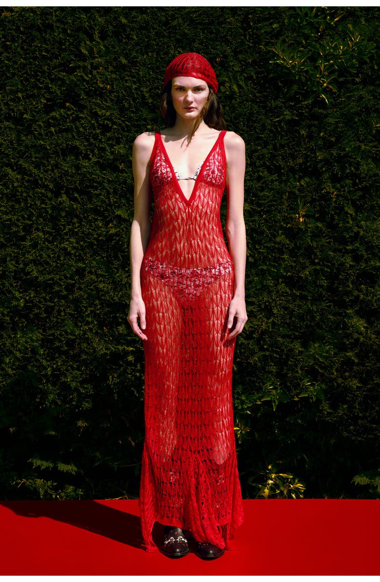 PCFG Store Open Knit Maxi Beach Dress, Alternate, color, Red