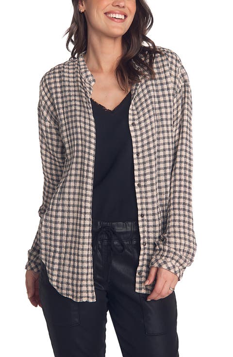 Check Textured Mandarin Collar Button-Up Shirt