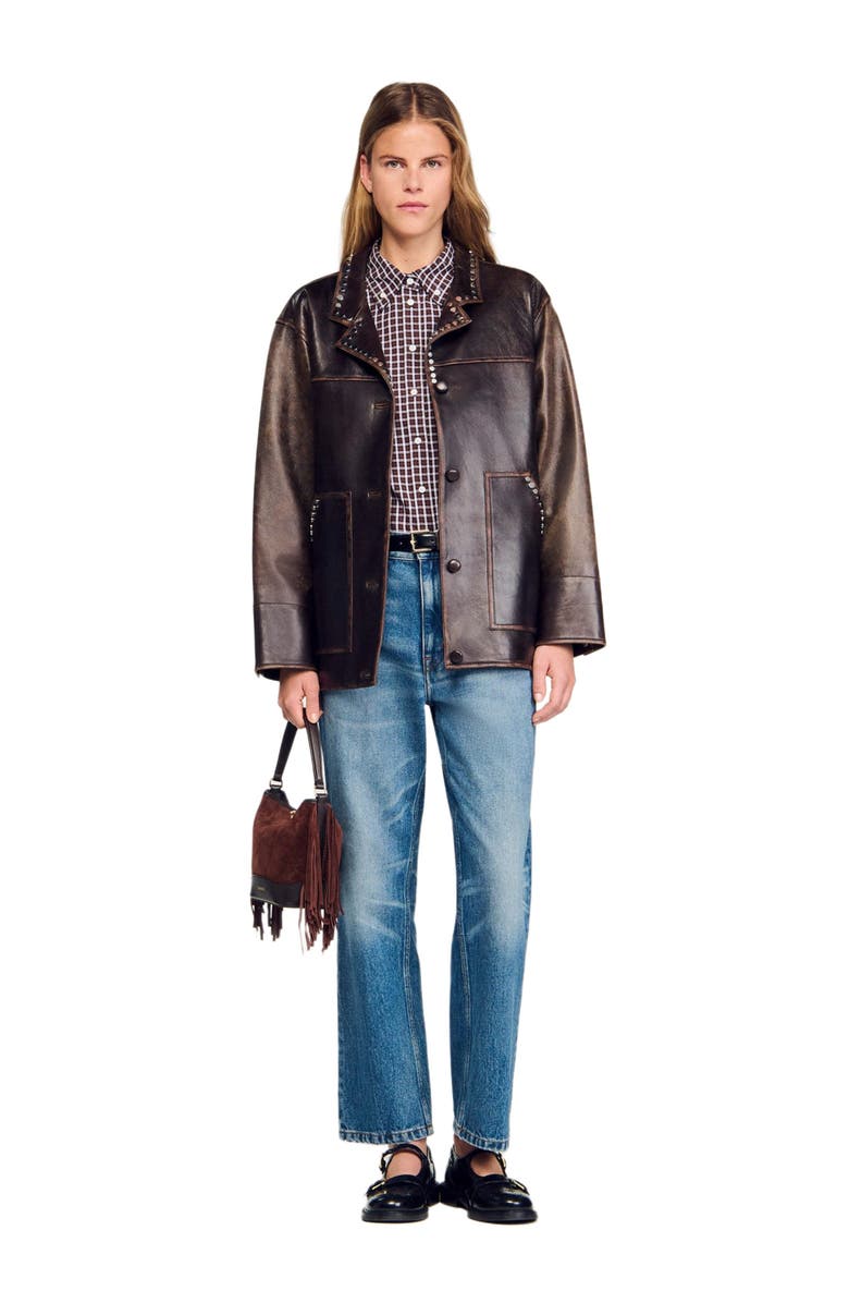SANDRO Oversized leather jacket with studs, Alternate, color, Brown