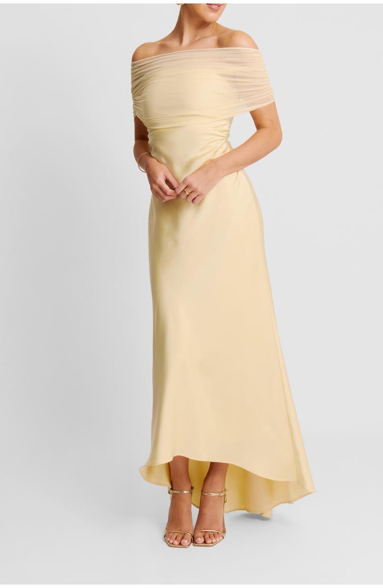 Six Stories Bardot Satin Maxi Dress, Alternate, color, Pale Lemon