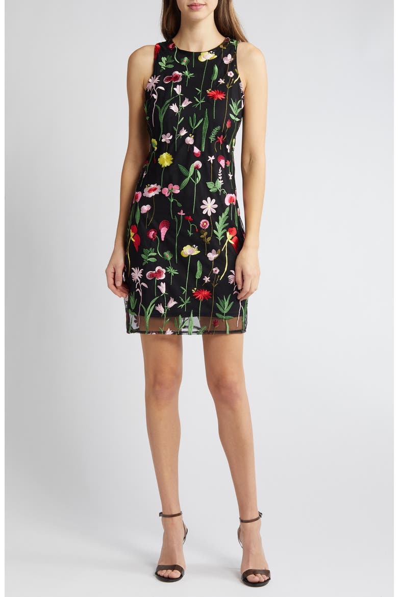 Embroidered Sleeveless Sheath Dress, Main, color, BLACK MULTI