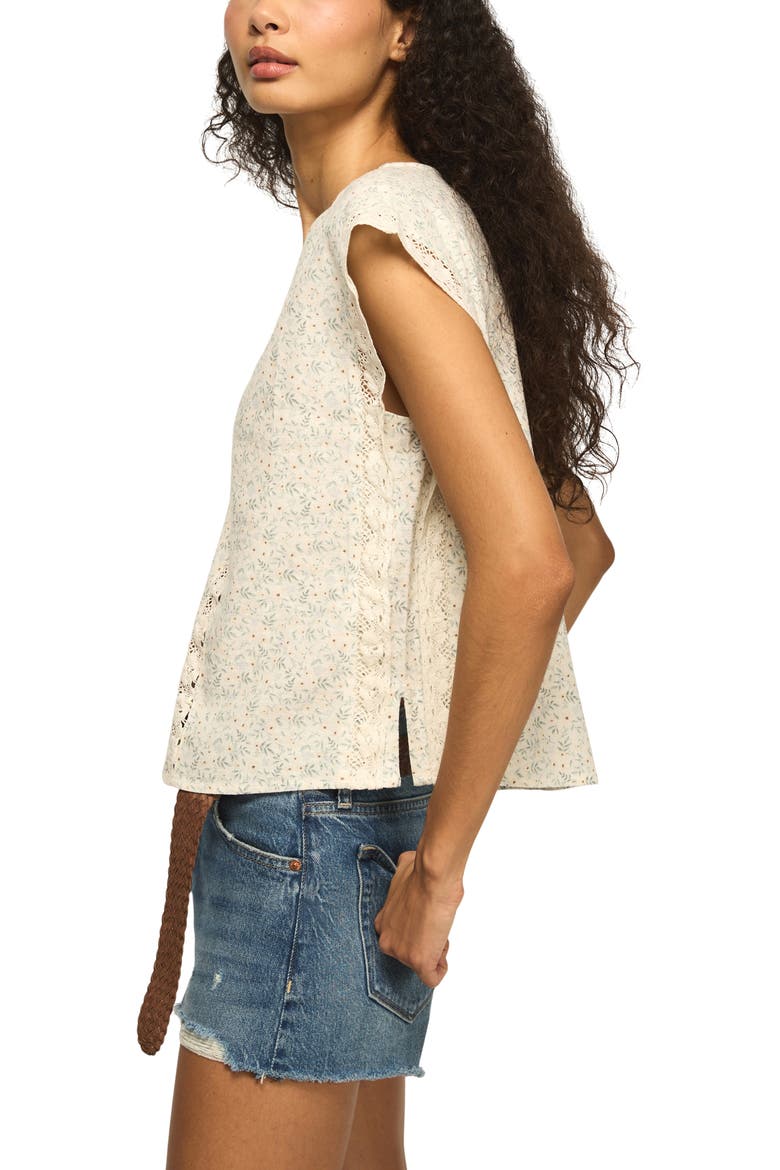 Floral Lace Inset Linen Blend Pintuck Top, Alternate, color, CREAM DITSY