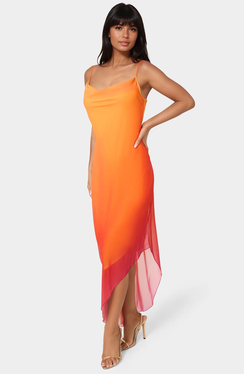 bebe Ombré Chiffon Asymmetric Slipdress, Alternate, color, Orange Fusion