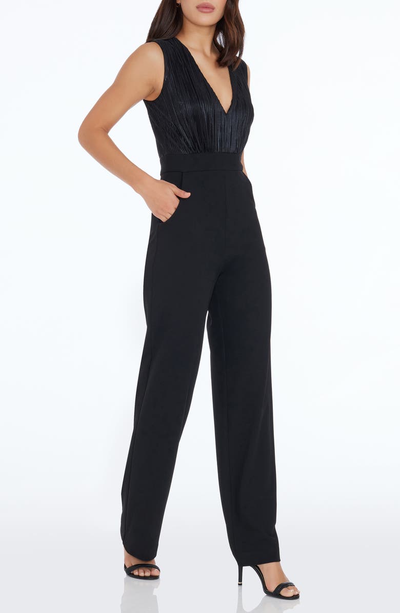 Dress the Population Everette Metallic Bodice Mixed Media Jumpsuit, Alternate, color, 