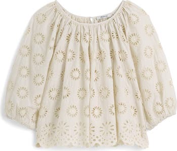 Embroidered Shirred Puff Sleeve Top
