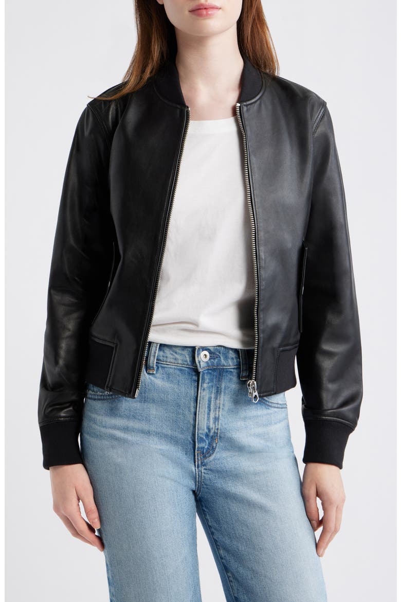 Shrunken Leather Bomber Jacket, Main, color, TRUE BLACK