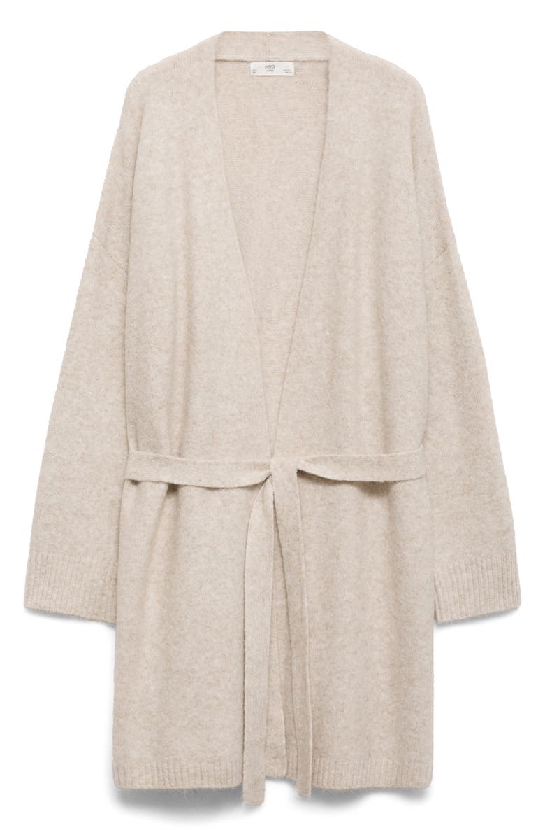 MANGO Longline Tie Belt Cardigan, Alternate, color, Beige