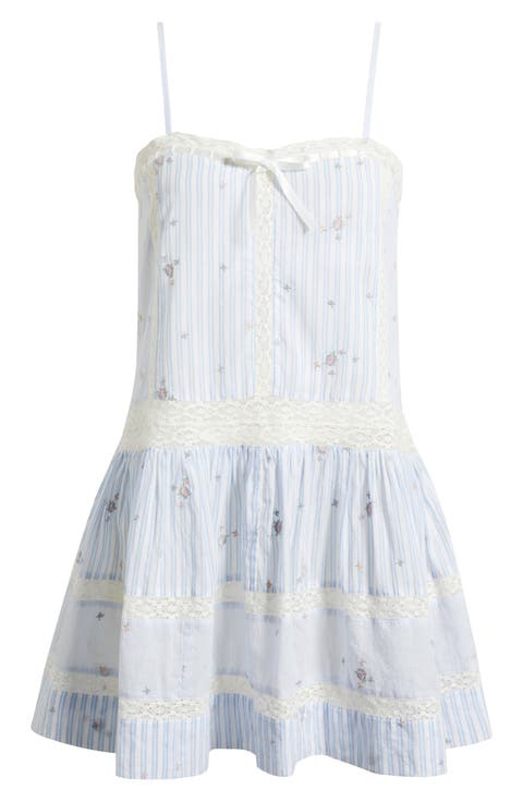 Vionett Floral Mixed Stripe Cotton Babydoll Dress