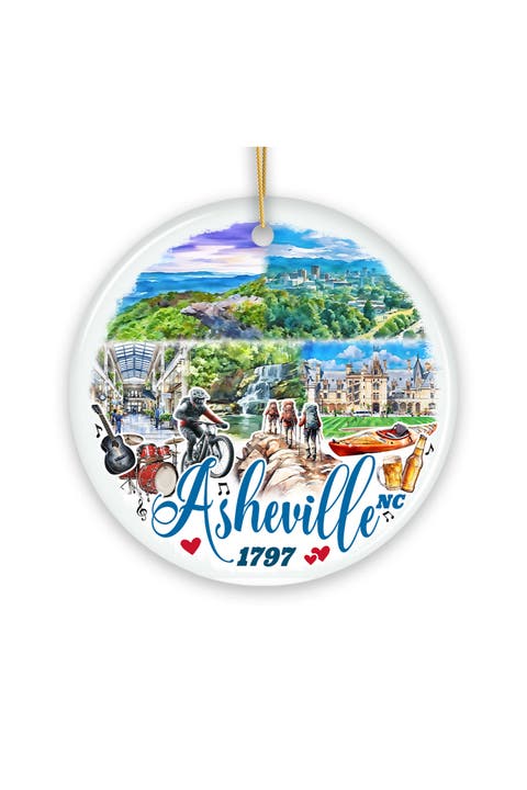 Asheville 1797 Watercolor Mountain Town Round Ornament