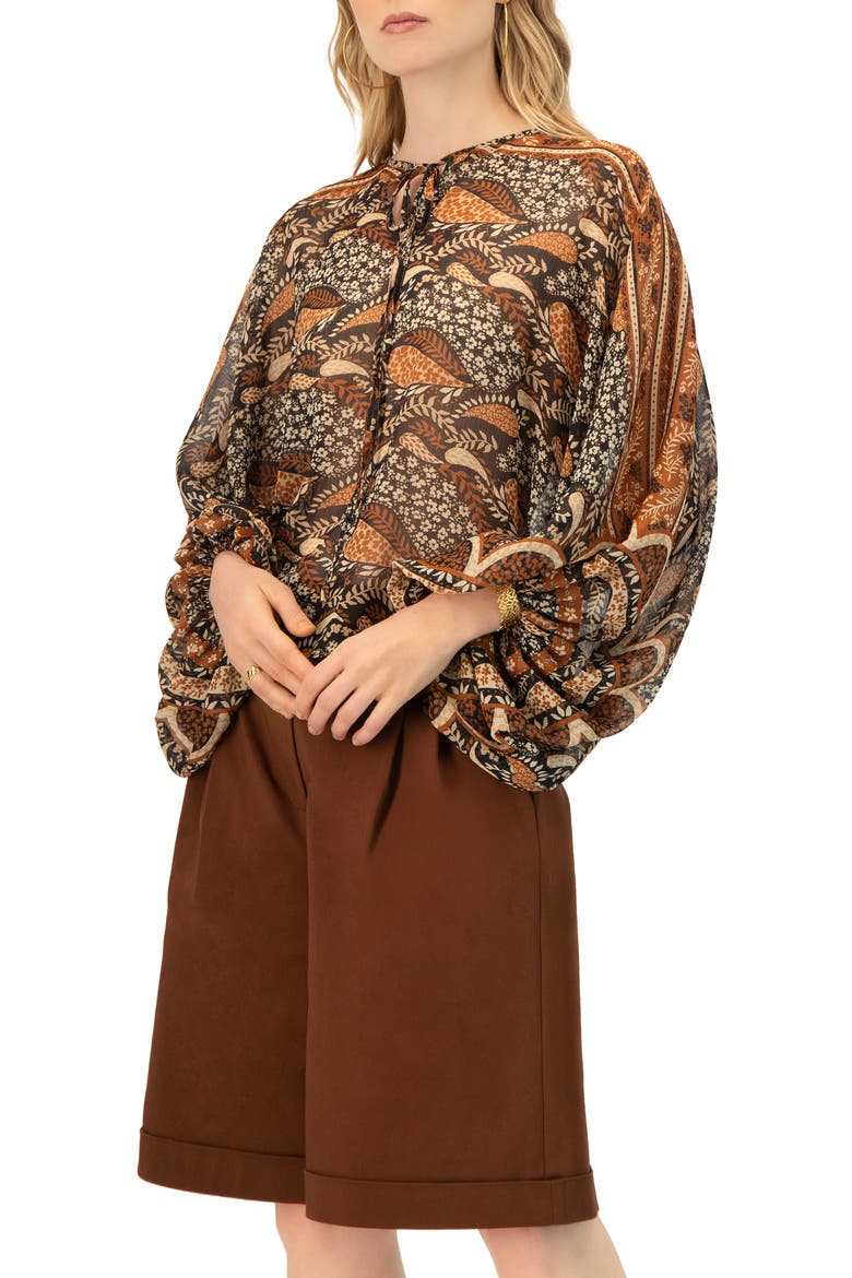 Dolman Paisley Blouse with Neck Ties, Alternate, color, Brown