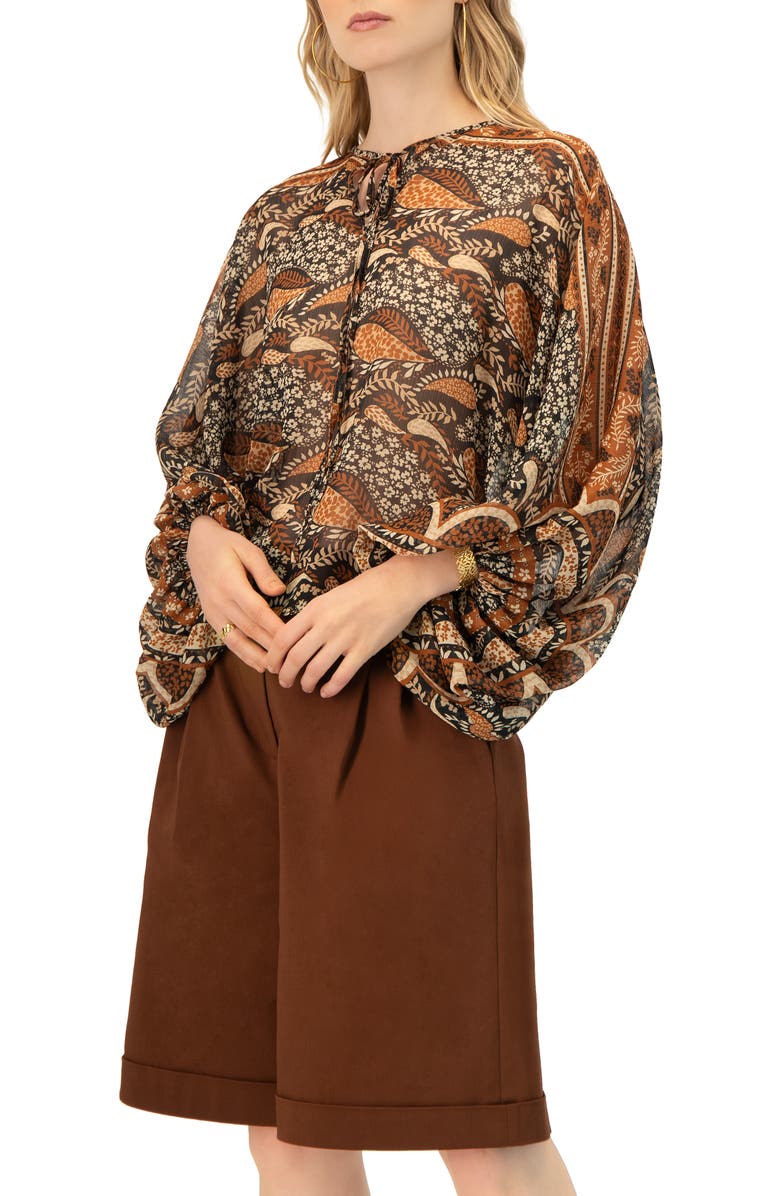 IVONNE Dolman Paisley Blouse with Neck Ties, Alternate, color, Brown