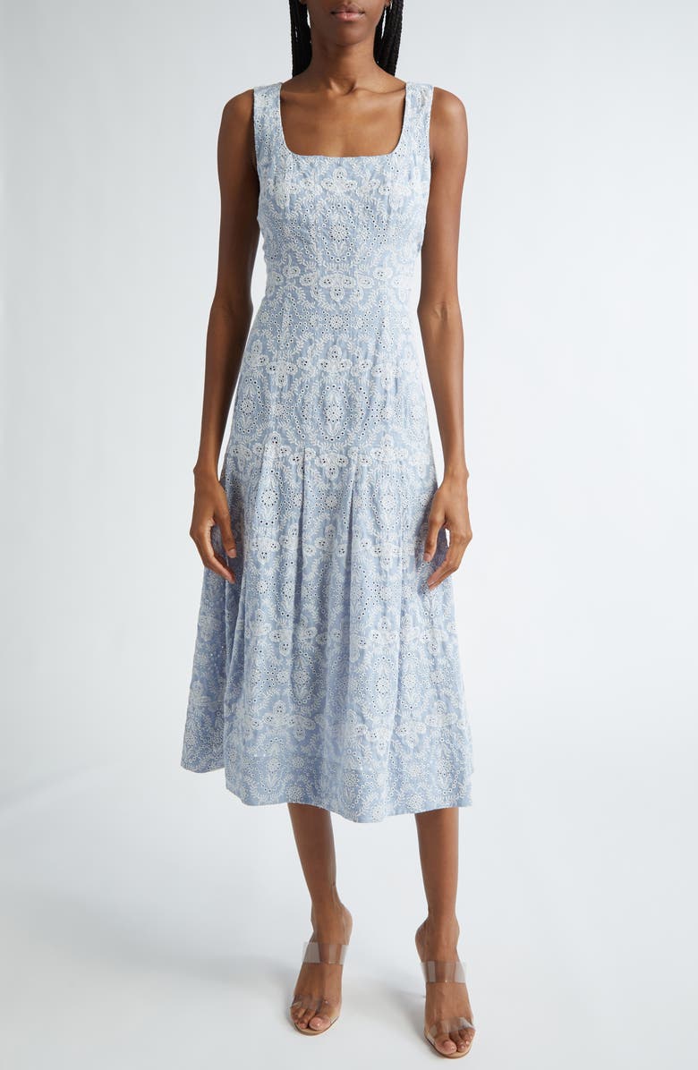 Veronica Beard Jolie Eyelet Sleeveless Cotton Dress, Main, color, Blue/ Ecru