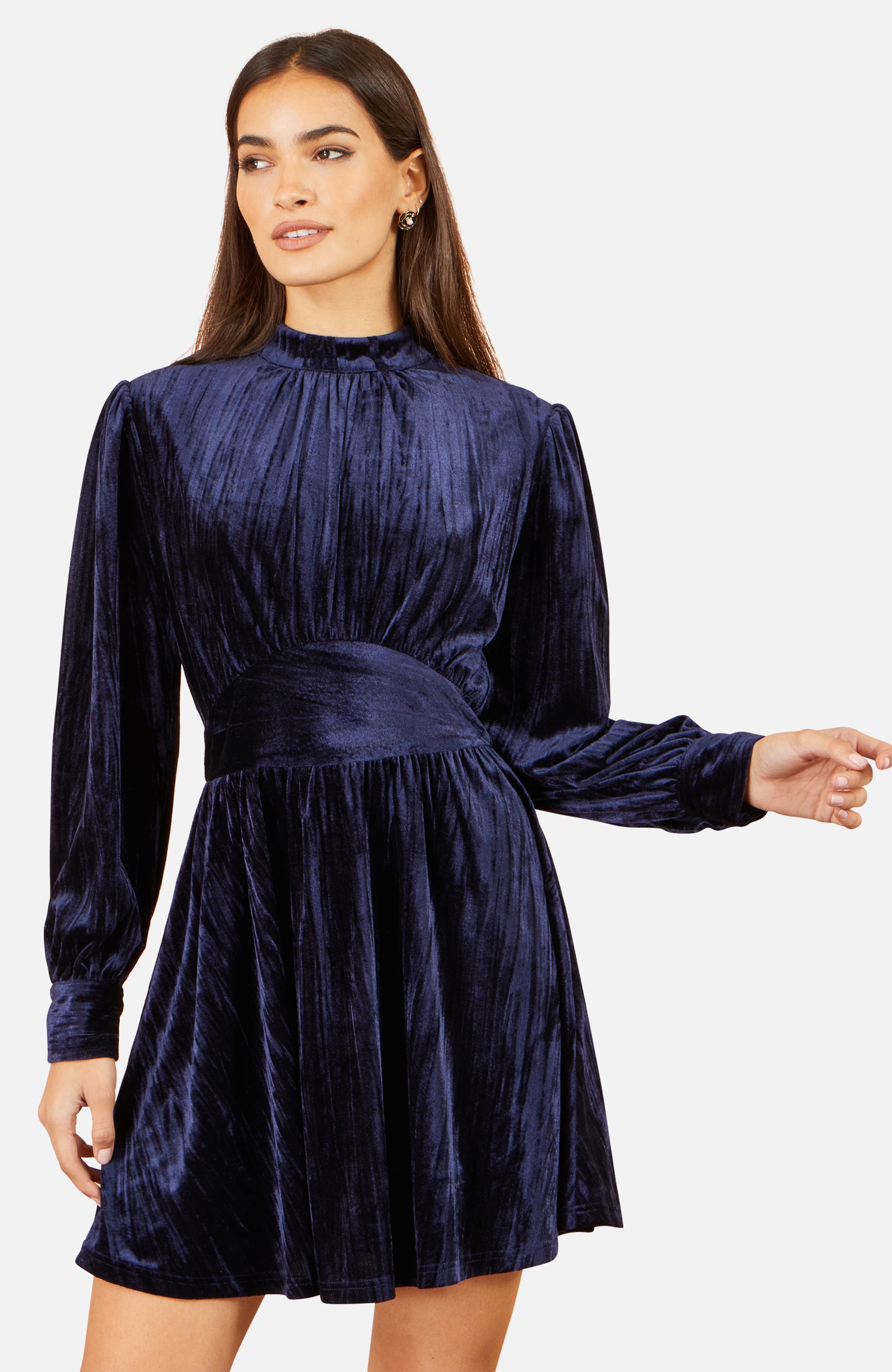 Yumi Ruched Waist Velvet Skater Dress (Women) | Nordstrom