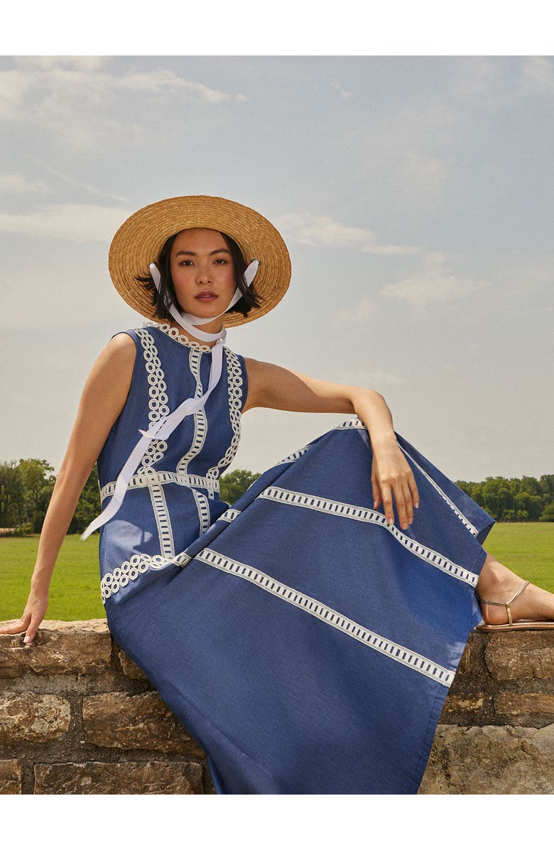 Misook Fit & Flare Cotton Eyelet Trim Maxi Dress, Alternate, color, 