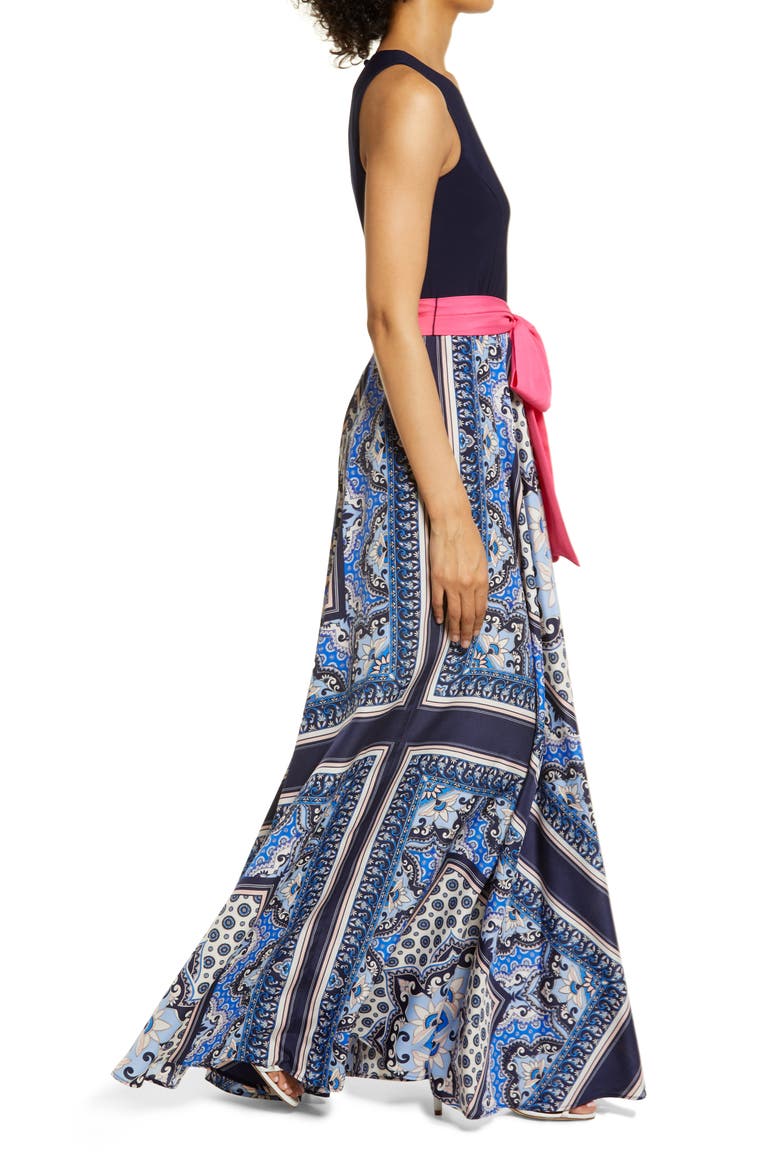 Twofer Mixed Media Scarf Print Maxi Dress, Alternate, color, NAVY