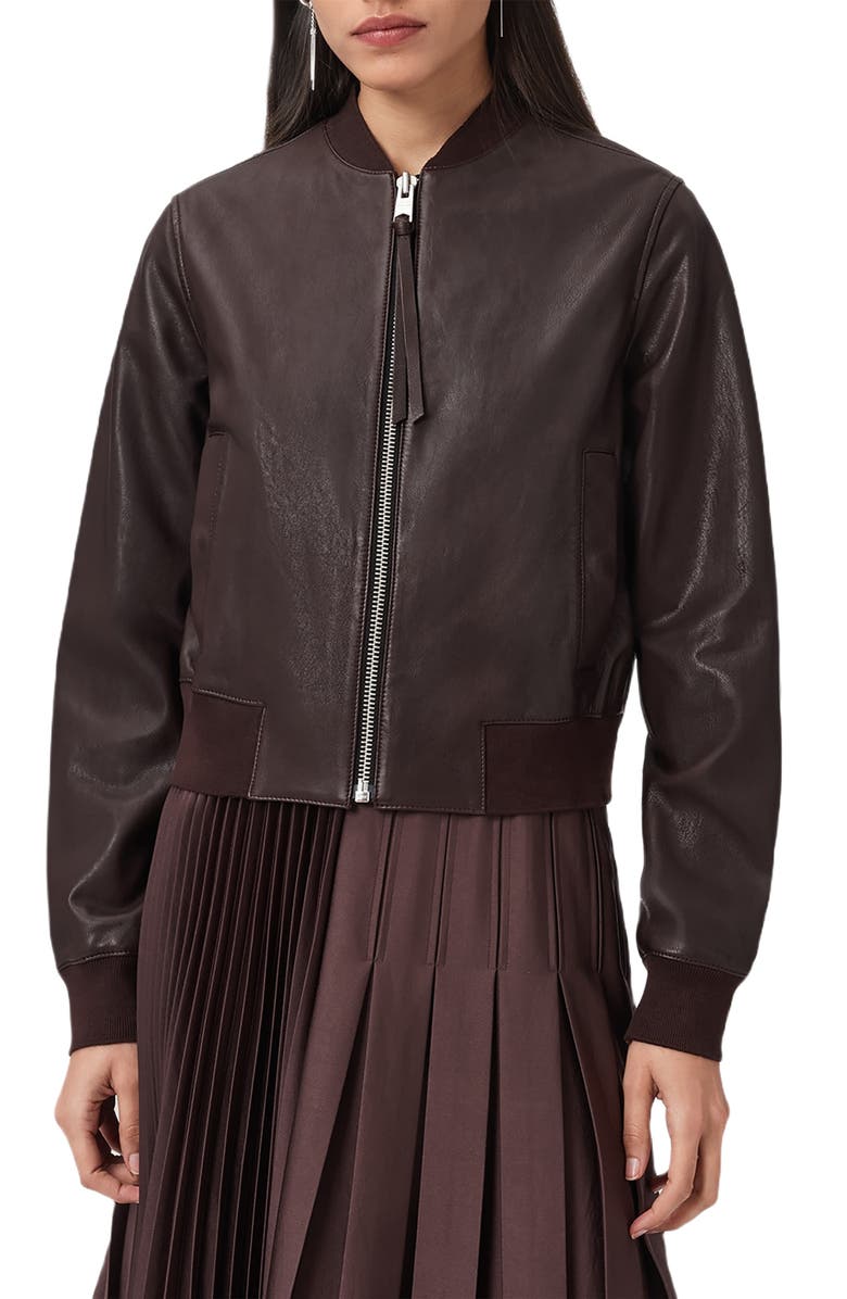 AllSaints Orten Leather Bomber Jacket, Main, color, Oxblood Red