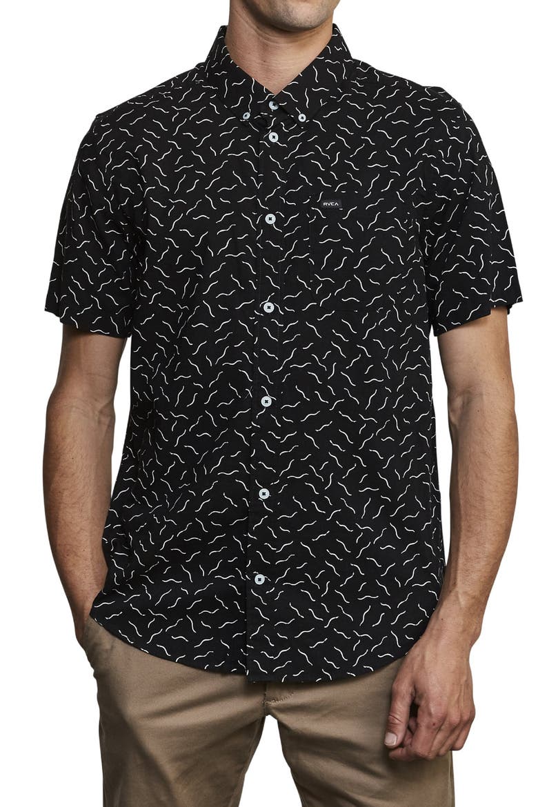 Squiggle Print Short Sleeve Button-Down Shirt, Main, color, RVCA BLACK