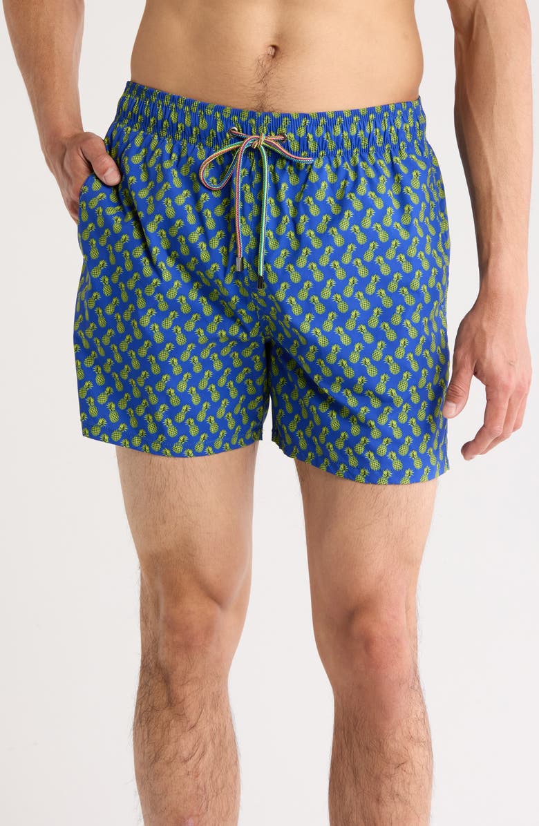 Bugatchi Pineapple Print Swim Trunks, Main, color,