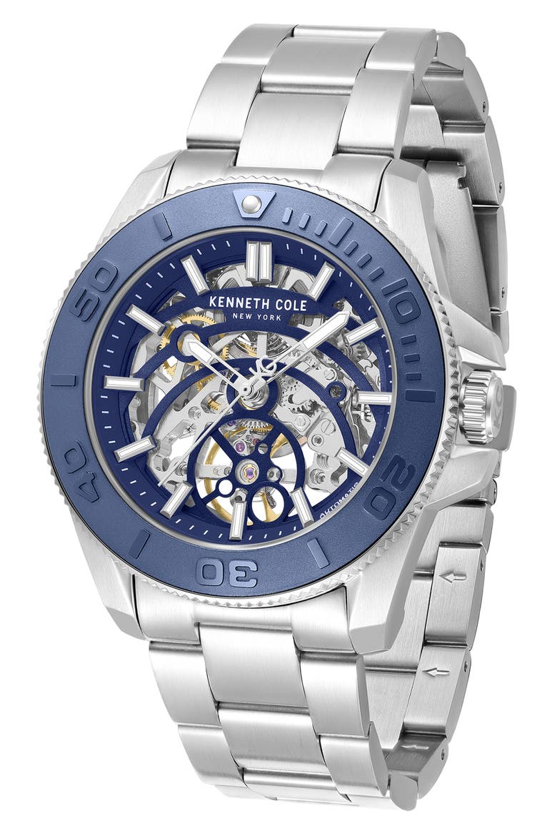 Skeleton Automatic Bracelet Watch, 43mm, Alternate, color, SILVER