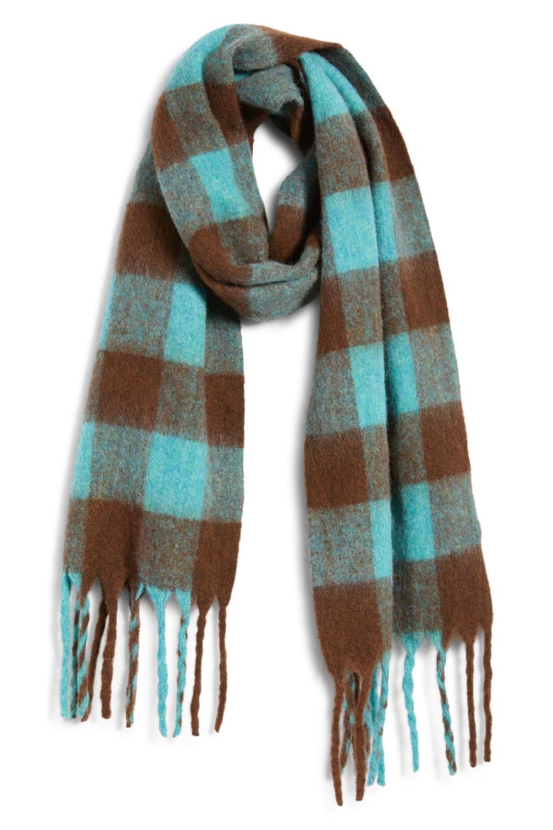 Checkered Brushed Scarf, Main, color, TURQUOISE- BROWN