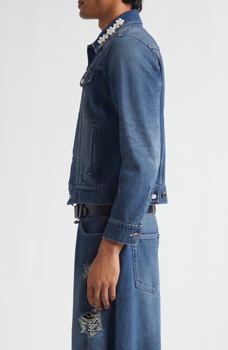 Simone Rocha Faux Pearl Trim Denim Trucker Jacket, Alternate, color, Distressed Blue/ Pearl/ Clear