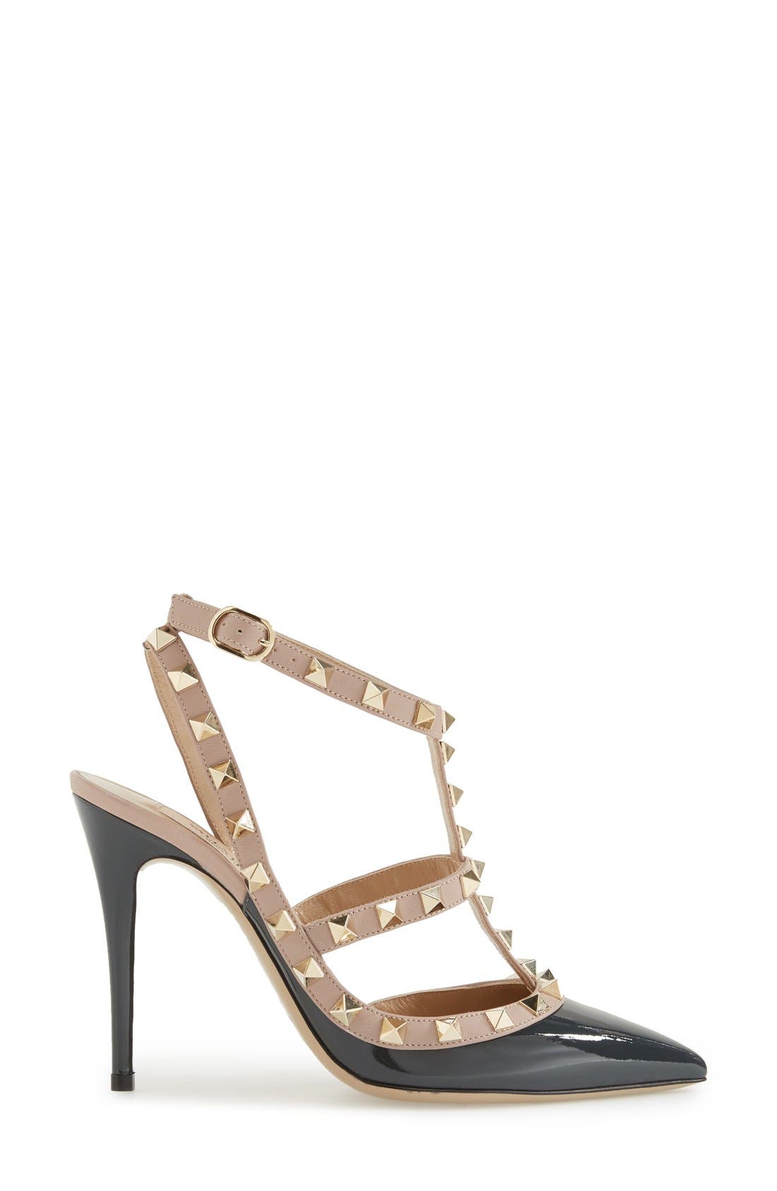 Rockstud Pointed Toe T-Strap Pump, Alternate, color, DARK GREY PATENT