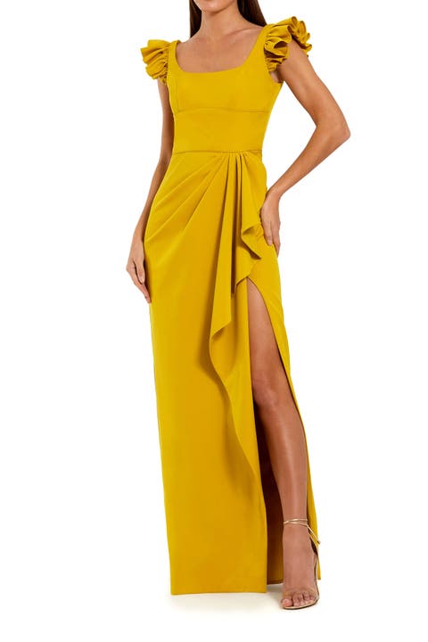 Ruffle Strap Ruched High-Slit Column Gown