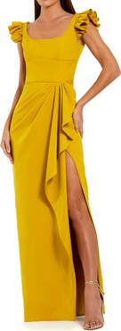Mac Duggal Ruffle Strap Ruched High-Slit Column Gown