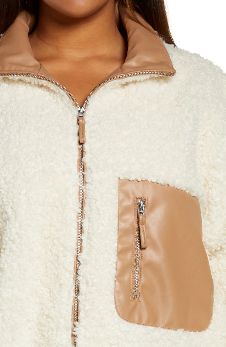 BLANKNYC Faux Shearling with Faux Leather Trim Bomber Jacket, Alternate, color, Silver Lining Cream