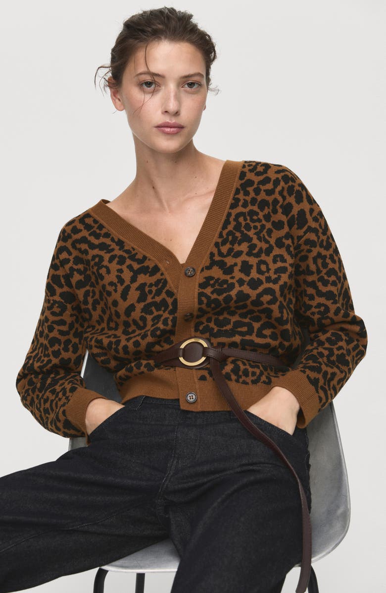 MANGO Leopard Jacquard Cardigan, Alternate, color, Medium Brown