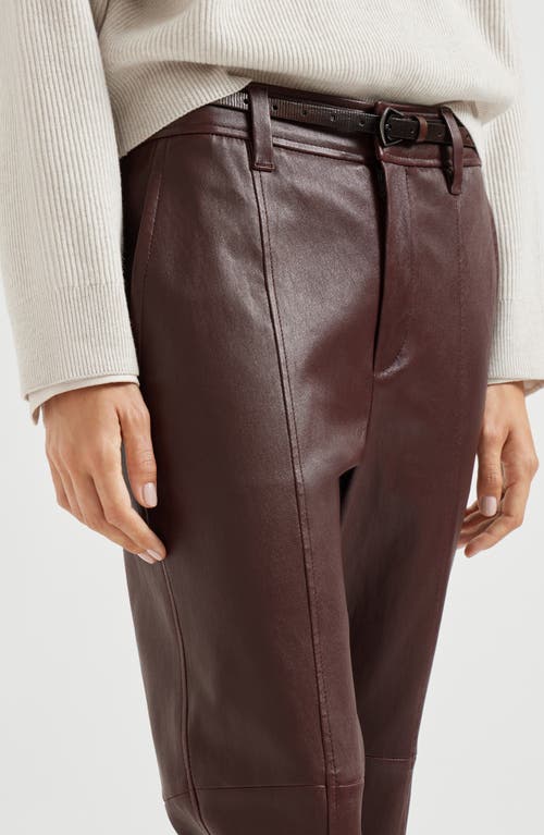 Brunello Cucinelli Women Stretch Nappa Leather Square Cigarette Trousers With Jewellery In Brown
