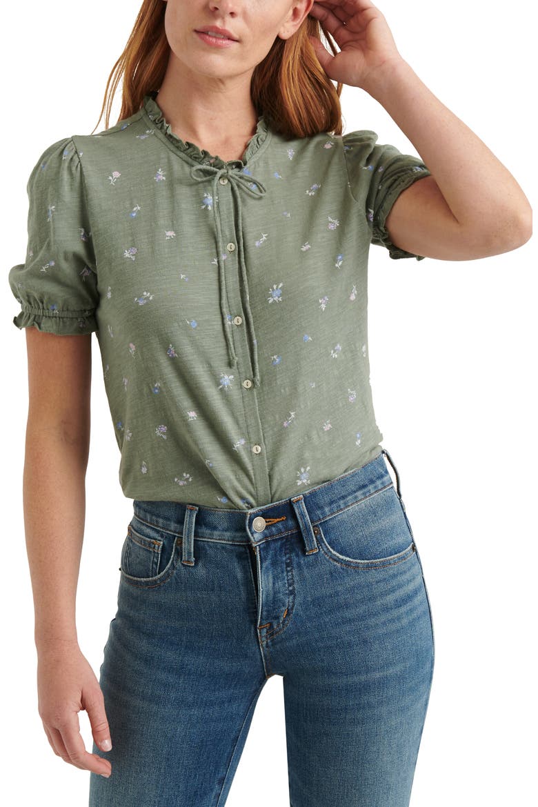 Ruffle Button-Up Top, Main, color, GREEN MULTI