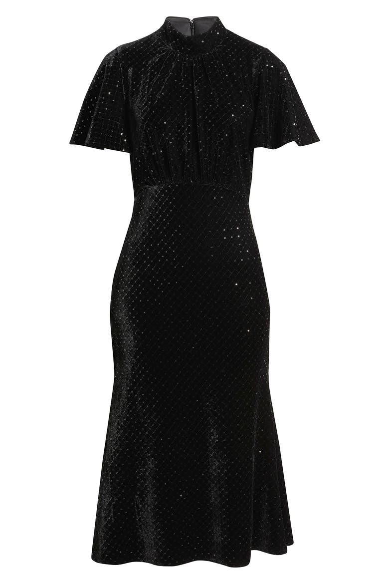 Sequin Embellished Velvet Midi Dress, Alternate, color, BLACK