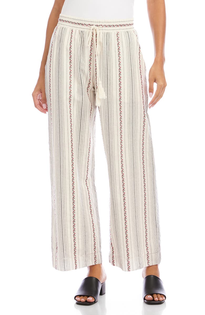 Karen Kane Embroidered Stripe Cotton Drawstring Crop Pants, Main, color, Natural