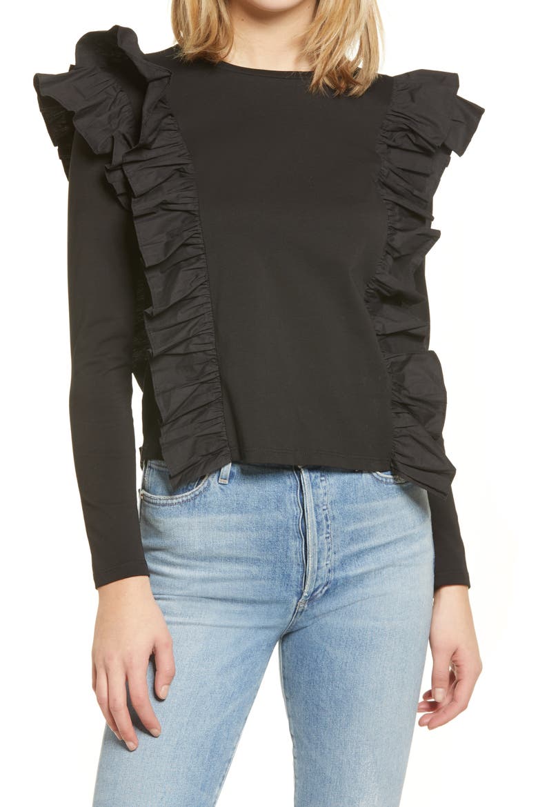 Poplin Ruffle Trim Shirt, Main, color, BLACK
