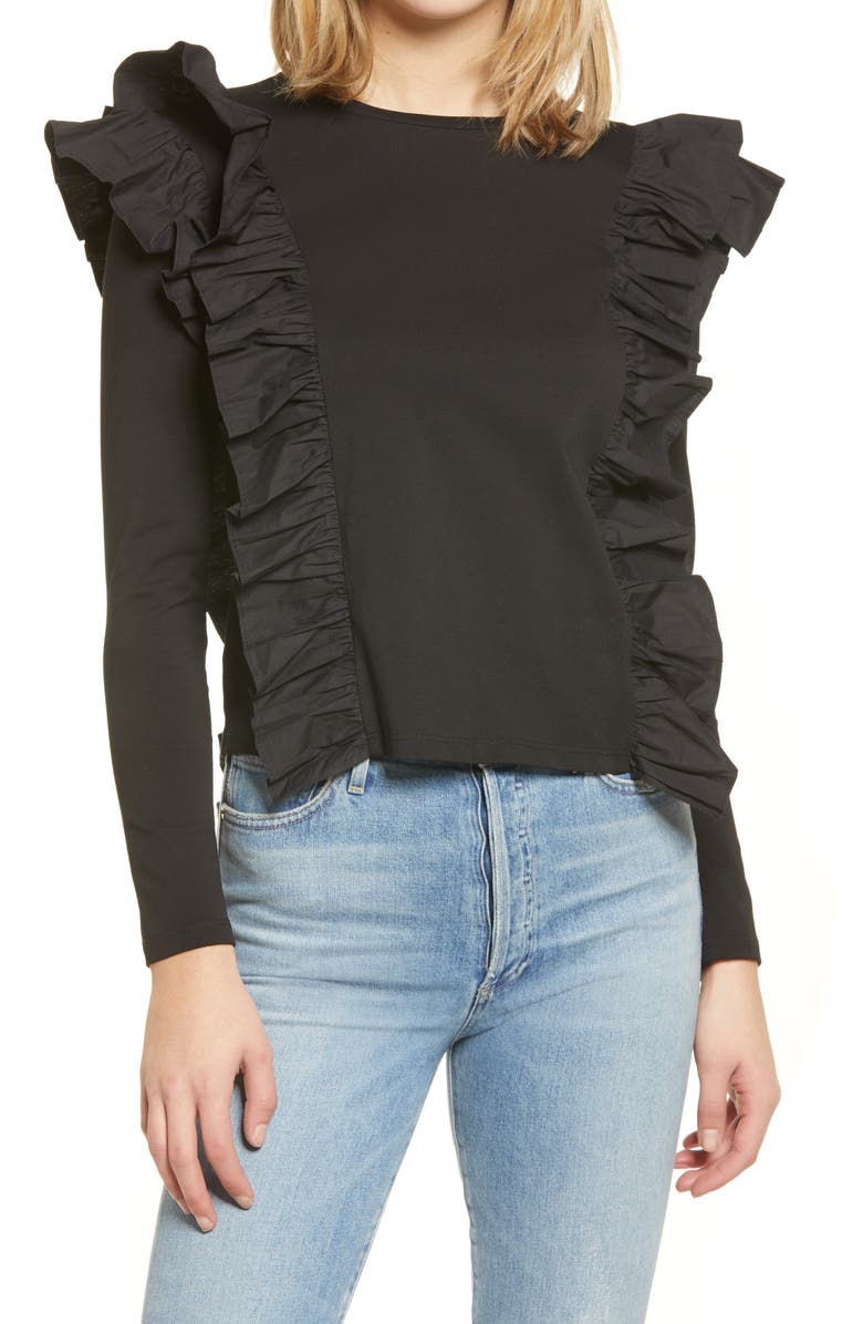 English Factory Poplin Ruffle Trim Shirt, Main, color, 