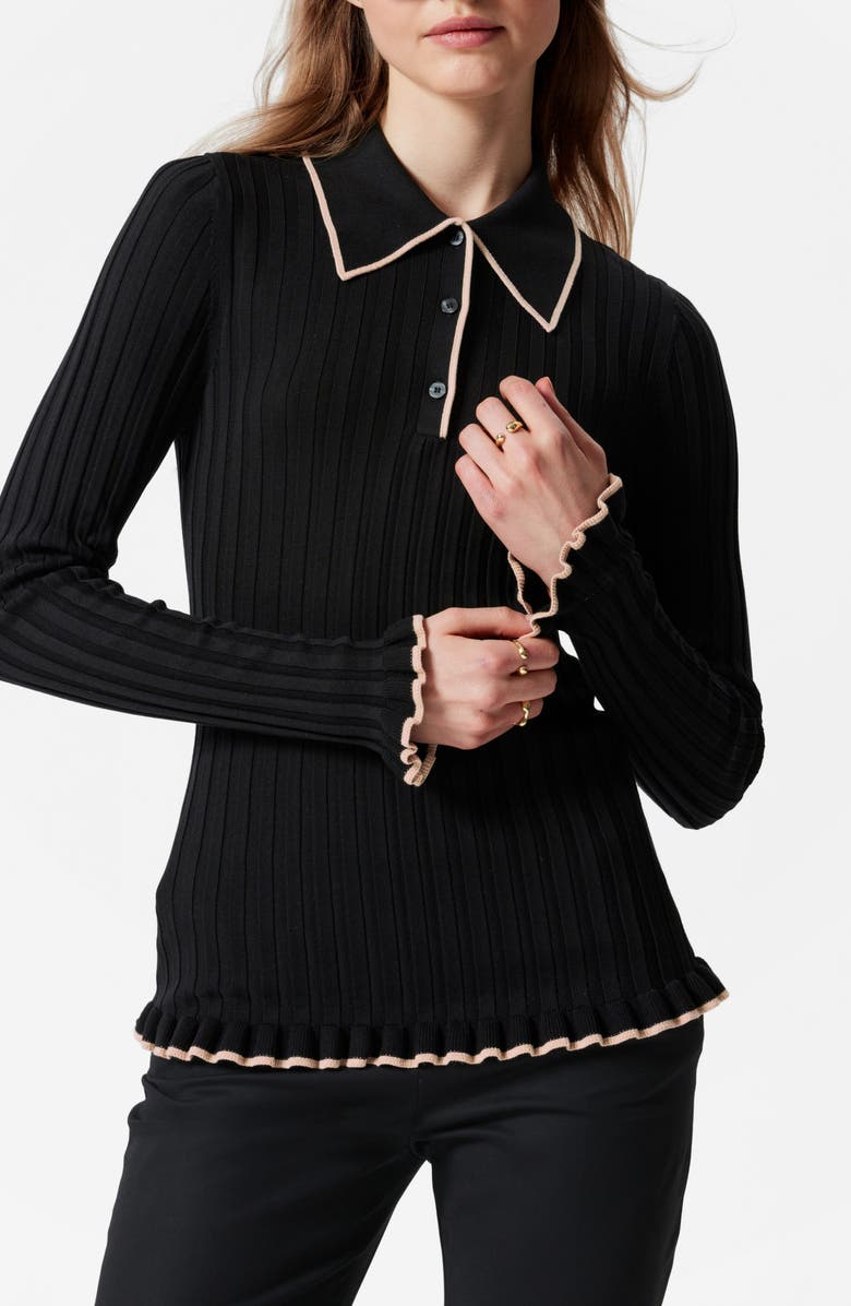 & Other Stories Tipped Ribbed Ruffle Trim Polo Sweater, Main, color,