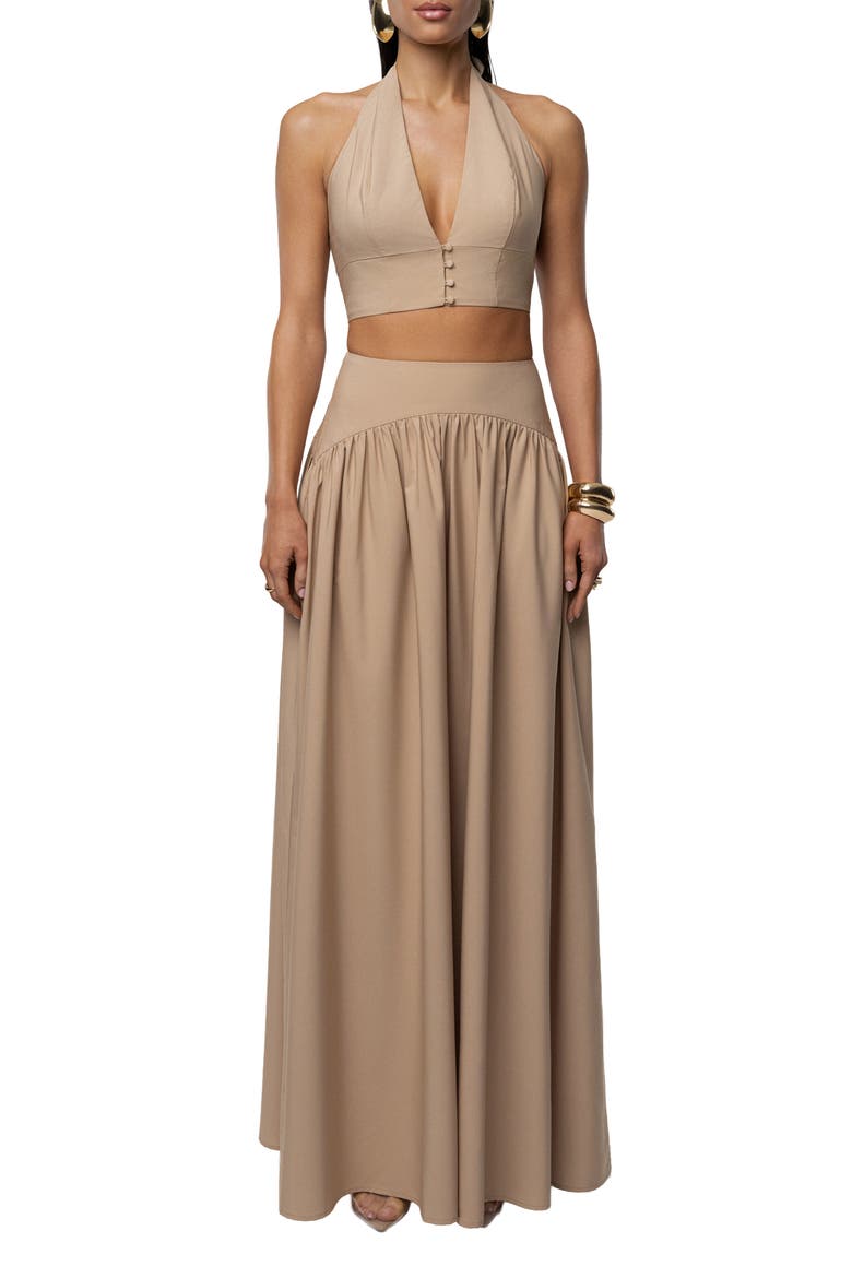 Haven Halter Crop Top & Maxi Skirt Set, Main, color, TAN