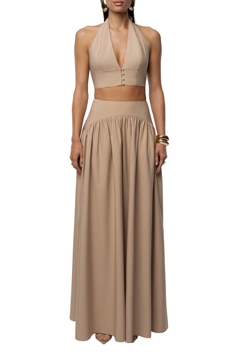 JLUXLABEL Haven Halter Crop Top & Maxi Skirt Set, Main, color, Tan