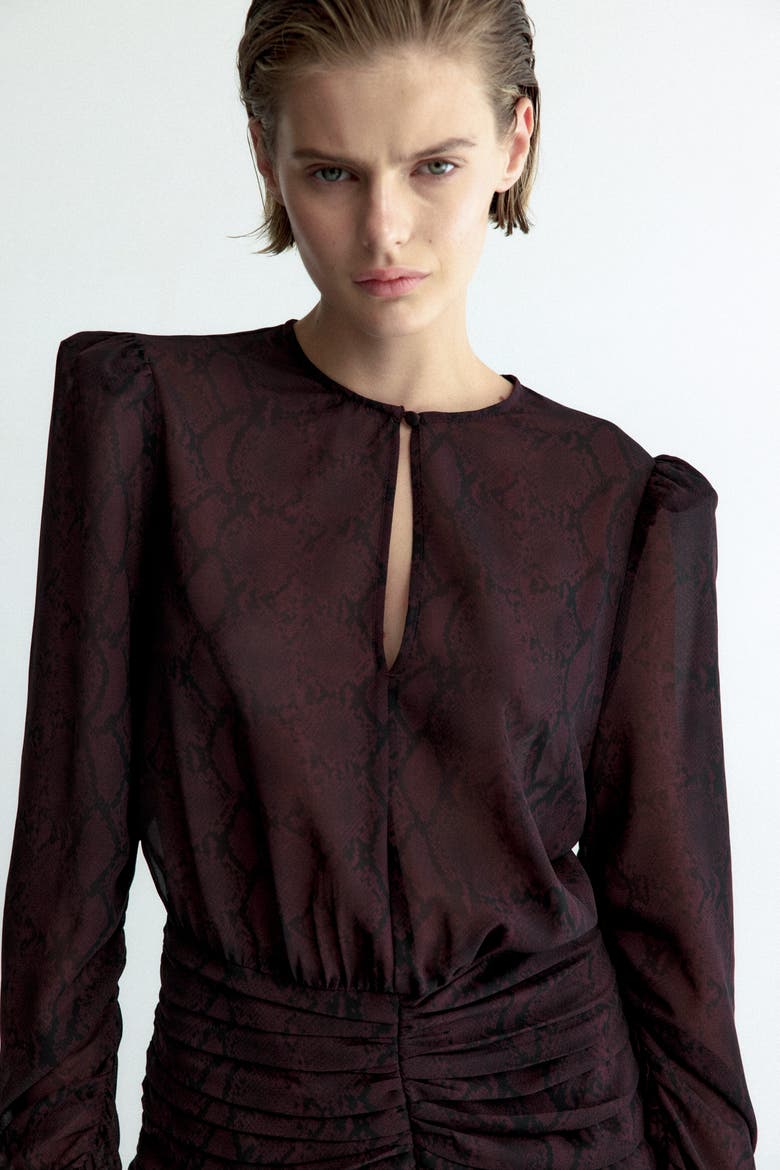 Ruched Chiffon Dress, Alternate, color, Dark brown/patterned