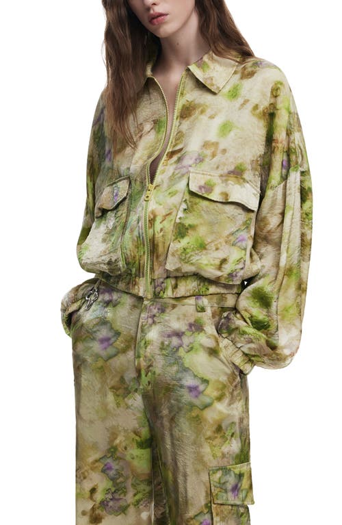 Desigual Abstract Floral Bomber Jacket In Light Green