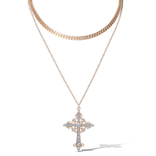 Jessica Simpson Gold-tone Rhinestone Cross And Curb Chain Necklace Set In Gold