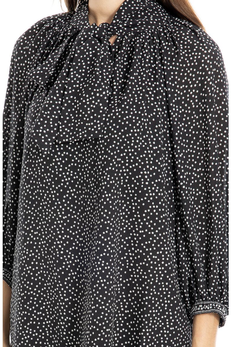 Tie Neck Balloon Sleeve Trapeze Dress, Alternate, color, BLACK/ IVORY RANDOM DOT