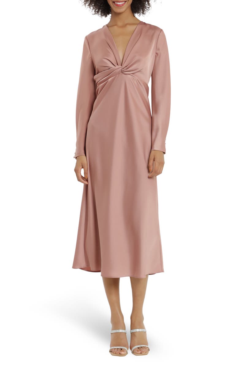 Maggy London Twist V-Neck Long Sleeve Midi Dress, Main, color, 