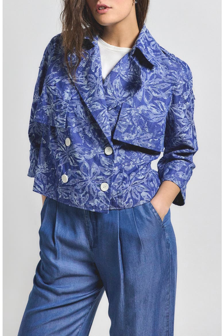 Elijah Floral Cotton Blend Double Breasted Crop Jacket, Main, color, INDIGO