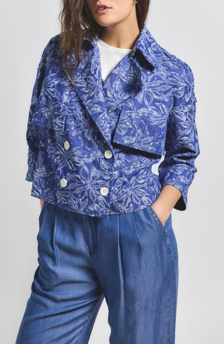 Derek Lam 10 Crosby Elijah Floral Cotton Blend Double Breasted Crop Jacket, Main, color, Indigo